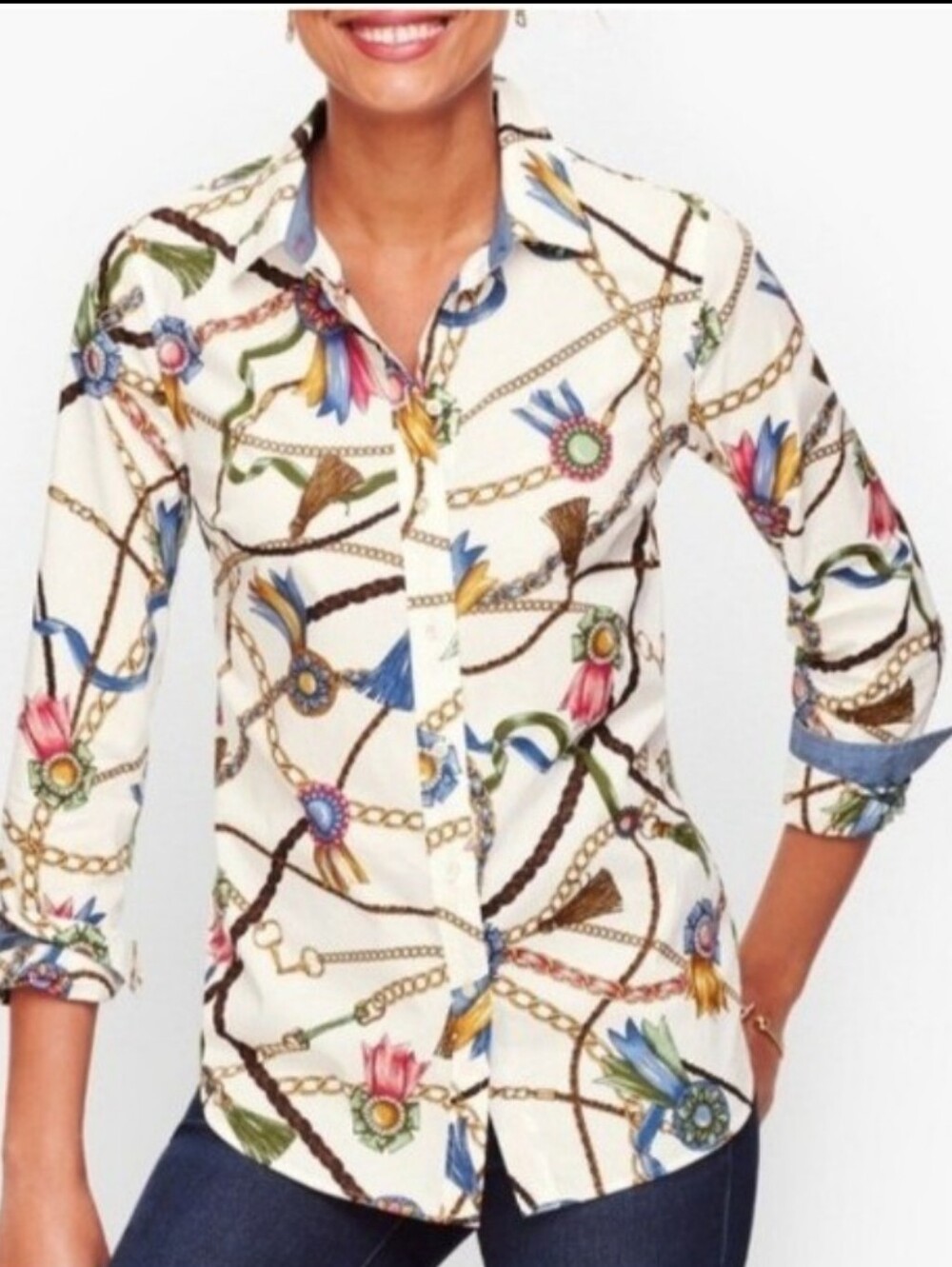 TALBOTS Chain Tassel Rope Floral Print Buttondown Blouse Shirt Top NWOT